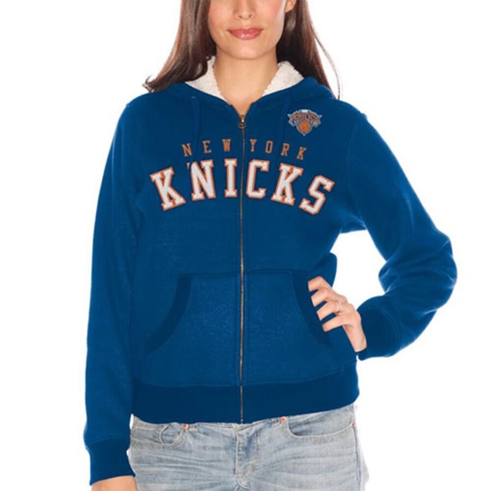 Women's New York Knicks Royal Blue Sherpa Baseline Full Zip Hooded Jacket Small